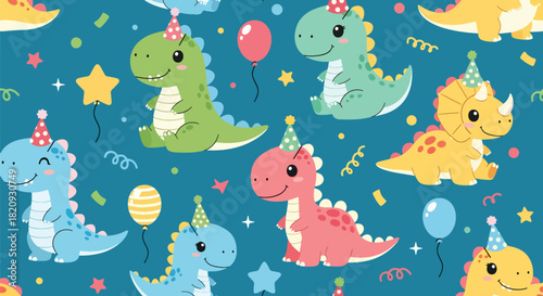 Festive seamless pattern featuring cute dinosaurs wearing party hats with confetti. Ideal for birthday designs, party goods, kids’ textiles, and celebratory themes