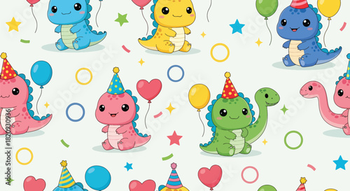 Festive seamless pattern featuring cute dinosaurs wearing party hats with confetti. Ideal for birthday designs, party goods, kids’ textiles, and celebratory themes