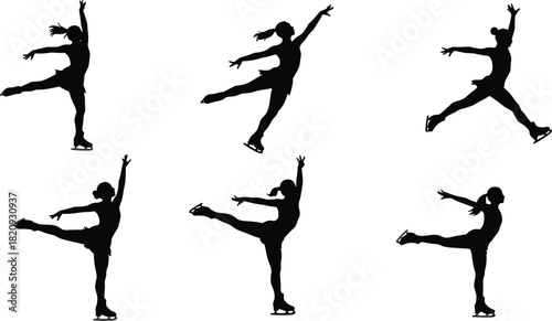Figure, skating, silhouette, skater, ice, dance, pose, motion, elegance, balance, winter, sport, athlete, vector, illustration, ponytail, routine, performance, artistry, glide