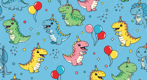 Festive seamless pattern featuring cute dinosaurs wearing party hats with confetti. Ideal for birthday designs, party goods, kids’ textiles, and celebratory themes