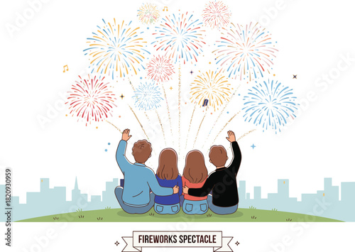 Fireworks, celebration, friends, music, night sky, city skyline, joyful moment, outdoor event, summer festival, colorful display, togetherness