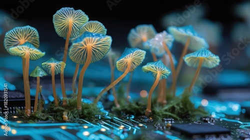 Magic glowing mushrooms on futuristic circuit board, cyber nature concept, blue neon biology background, digital network ecosystem, surreal fantasy art