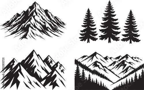 A bold and minimalistic mountain landscape silhouette featuring layered peaks, pine trees, and natural scenic elements
