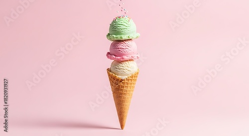 Tower of ice cream scoops in a cone on pink background
