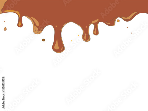 Melted chocolate dripping on white. Brown cocoa blend with milk tones. Smooth liquid drip texture.