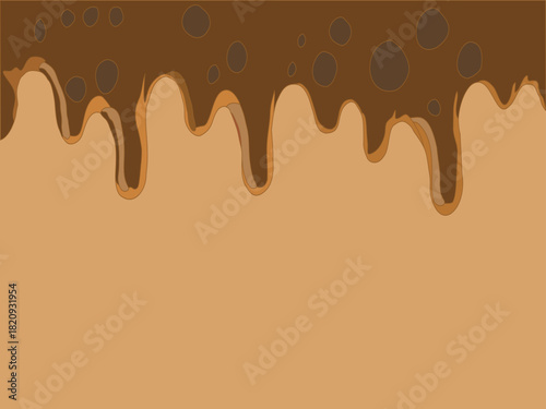 Melted chocolate dripping on white. Brown cocoa blend with milk tones. Smooth liquid drip texture.