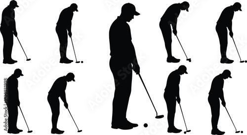 Golf putting silhouette sequence, golfer stance breakdown, putting stroke illustration, sports training visual, technique posture study, dynamic golf form guide