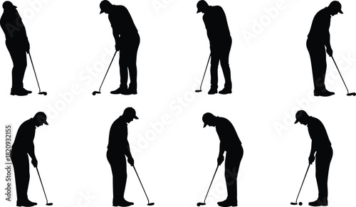 Golf putting silhouette sequence, golfer stroke breakdown, putting stance illustration, sports technique visual, dynamic posture study, golf form progression