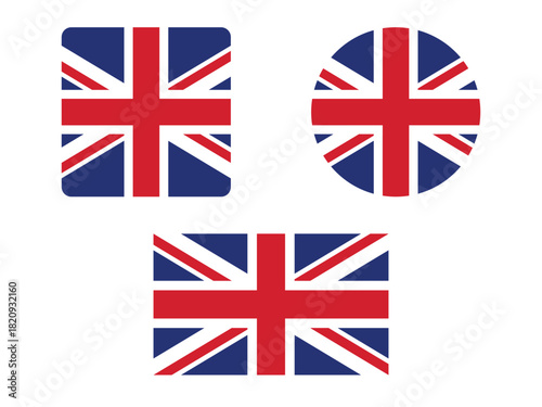 Vector set of the United Kingdom flag (Union Jack) in three styles: rounded-square icon, circular icon, and rectangular flag. Ideal for apps, websites, presentations, and international branding.