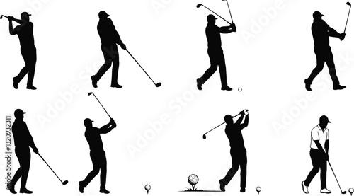Golf swing silhouette progression, golfer motion sequence, sports technique illustration, athletic training visual, dynamic pose breakdown, golf club action study