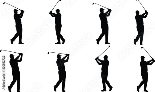 Golf swing silhouette sequence, athletic motion breakdown, professional golfer technique, sports training visual, dynamic pose illustration, golfing form study
