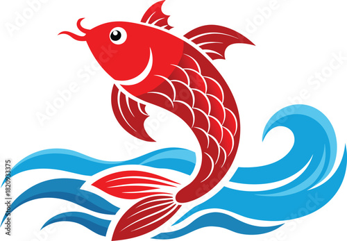 Stylized red koi fish jumping over blue ocean waves vector art