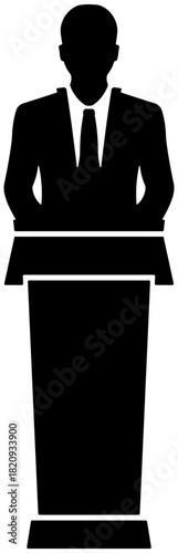 Black icon of a speaker standing behind a podium without background