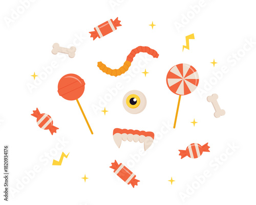 Collection of Halloween candy and treats, including lollipops, bones, a jelly worm, an eyeball, and vampire fangs, is perfect for a festive and fun decoration. Vector illustration