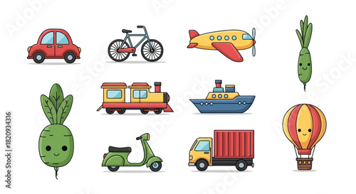 Collection of colorful cartoon transportation vehicles and vegetables