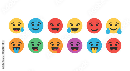 Collection of colorful emoji faces expressing various emotions on white