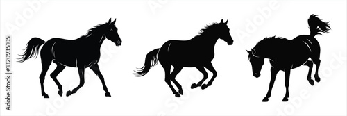 Silhouettes of three horses in motion, depicting different gaits and poses