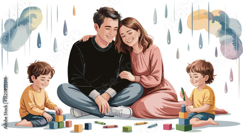 Happy family playtime indoors, bonding with children, building blocks, crayons, creativity, love, smiling parents, joyful boys, nurturing home, cozy atmosphere