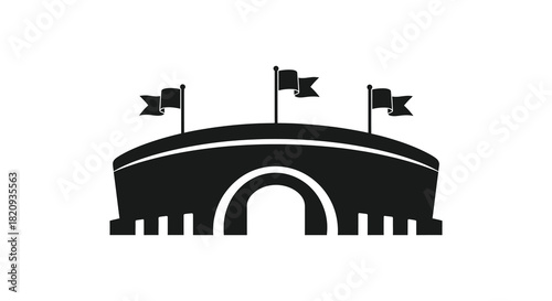 Stadium with flags illustration in black and white silhouette