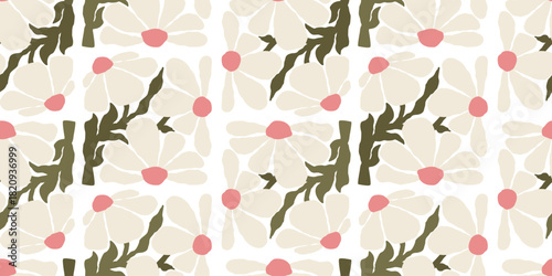 Organic Floral Seamless Pattern. Groovy Chamomile Flower Folk on White Background. Ornament in trendy retro hippie 60s 70s. Abstract Contemporary Aesthetic. Vector horizontal Illustration. Not AI
