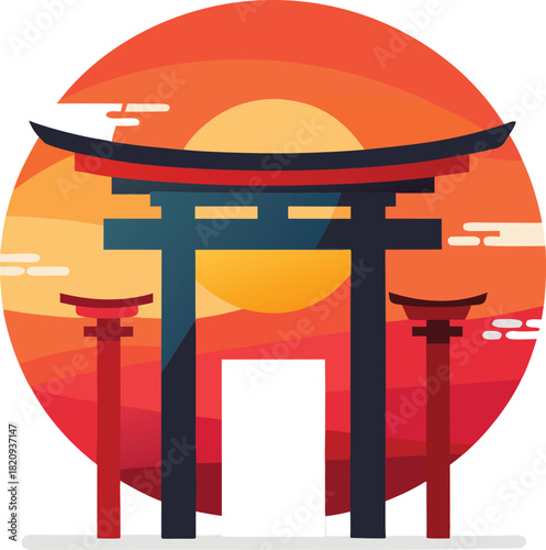 Iconic japanese torii gate with vibrant sunset illustration