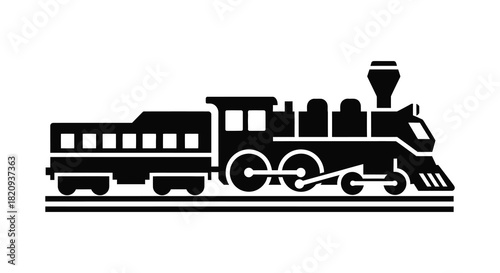 Vintage steam train locomotive engine on tracks silhouette