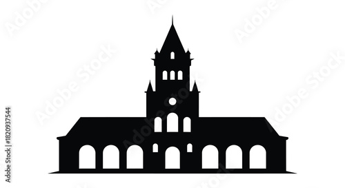 Silhouette of a historic building with tower and arches on white background silhouette