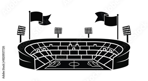 Stadium with flags and lights black and white illustration silhouette