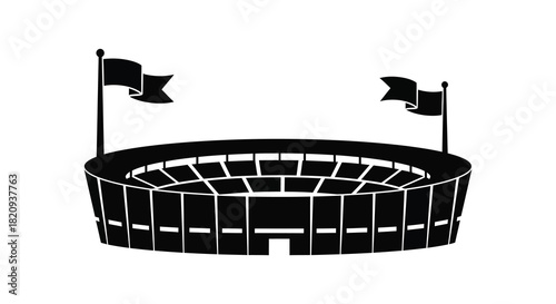 Stadium with flags black and white minimalist silhouette