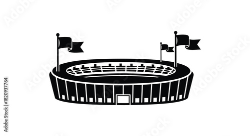 Stadium with flags illustration in black and white silhouette