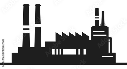 Industrial factory building with chimneys and silhouetted design silhouette