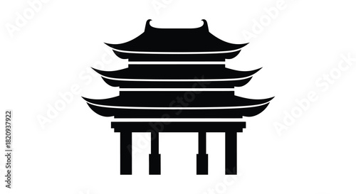 Elegant asian pagoda structure in black and white silhouette