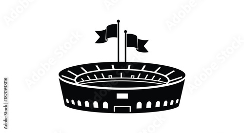 Stadium with flags silhouette in black and white