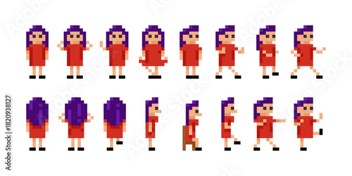 8-bit girl animation. Pixel game woman character for animation.