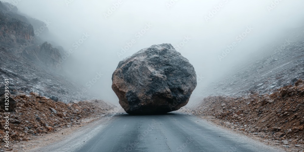 Obraz premium Dramatic Mountain Landscape Featuring a Huge, Round Rock Obstructing Dangerous Passageways Ahead