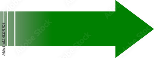 A solid green arrow pointing to the right with a striped, fading tail on a white background.