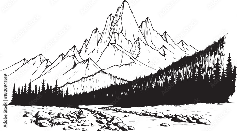 Fototapeta premium Mountain River Scene Graphics