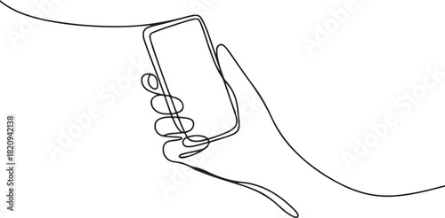Single continuous line drawing of hand holding phone or smartphone. Modern simple line draw design. one line Icon drawing with white background