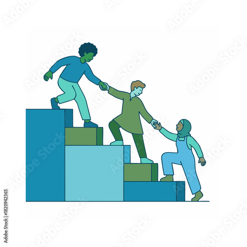 Illustration of people of diverse backgrounds helping each other ascend stairs symbolizing teamwork and progress