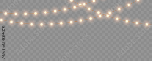 Christmas lights with glowing bulbs. Bright garland decoration for holiday. Gold Christmas and New Year bright garlands on transparent background, led light strips