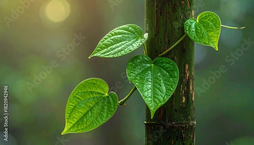 Lush Green Betel Leaves Climbing a Bamboo Stalk in Sunlight.
