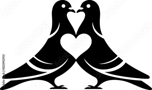 Valentine pigeon couple with heart silhouette vector illustration