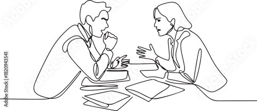Continuous line drawing of a man and woman angrily arguing across a desk with documents. Concept of workplace disagreement. one line Icon drawing with white background