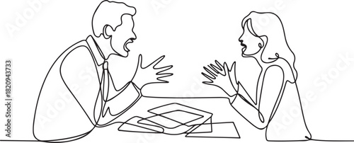 Continuous line drawing of a man and woman angrily arguing across a desk with documents. Concept of workplace disagreement. one line Icon drawing with white background