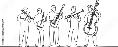 Group band music performance. Continuous one line drawing. Single hand drawn sketch minimalism. People with classical music instruments. one line Icon drawing with white background
