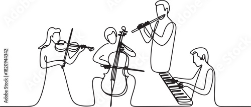 Group band music performance. Continuous one line drawing. Single hand drawn sketch minimalism. People with classical music instruments. one line Icon drawing with white background