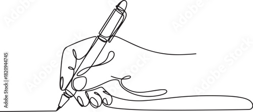 Continuous one line drawing hand palm fingers gestures pen, pencil. Ballpoint in hand. Writing or drawing with ink pen. one line Icon drawing with white background