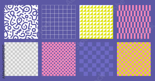 Set of geometric seamless patterns. abstract transparent effects and trendy checkered prints. Perfect for modern branding, posters, packaging, web and social media design.