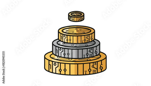 Stack of gold and silver coins with circuit board patterns, arranged in a pyramid shape, with one coin floating above.