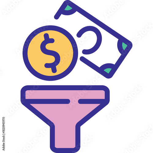 Financial Filter Icon Symbolizing Money Going Into A Funnel With A Dollar Coin And Banknote Illustration In Flat Design With Blue And Pink Colors On A Transparent Background